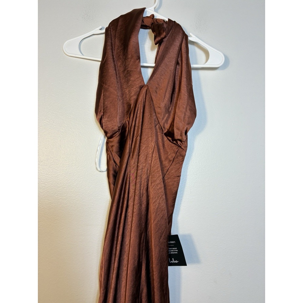 NEW! Lulus Satin Halter Maxi Dress Sz XS Brown Event Prom High Slit Open Back - Picture 4 of 11